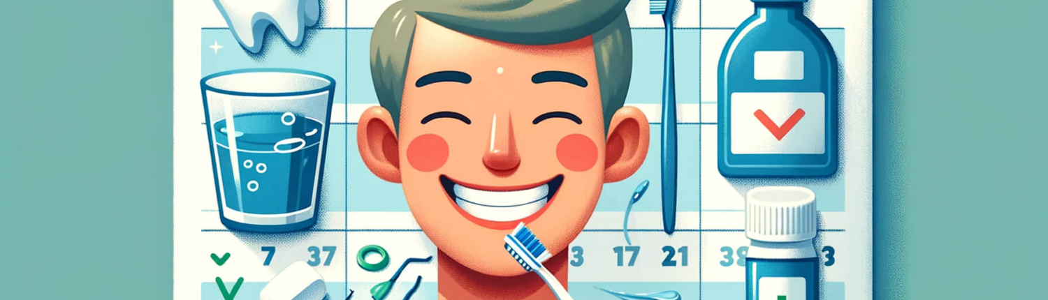 Une image informative illustrant une routine dentaire saine. Il doit inclure une personne souriante tenant une brosse à dents, démontrant prope_dr.parisescu