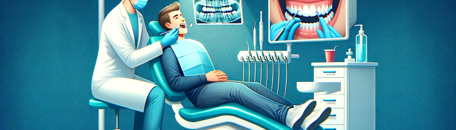 Une image présentant une scène de contrôle dentaire. L'image représenter un patient dans un fauteuil dentaire avec un dentiste examinant le patient's_dr.parisescu