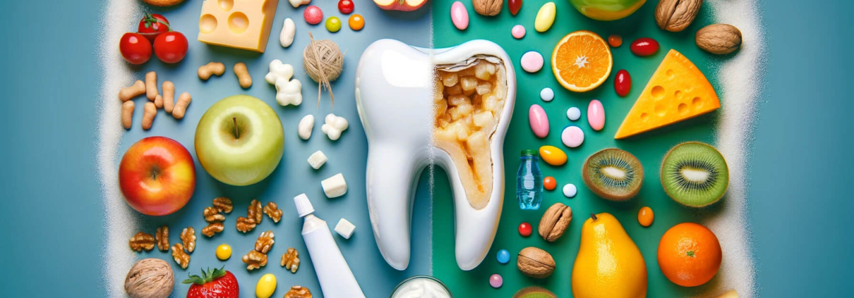 A tooth surrounded by various healthy foods and dental hygiene items . The image suggests the importance of a balanced diet and proper dental care for overall health .