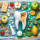 A tooth surrounded by various healthy foods and dental hygiene items . The image suggests the importance of a balanced diet and proper dental care for overall health .