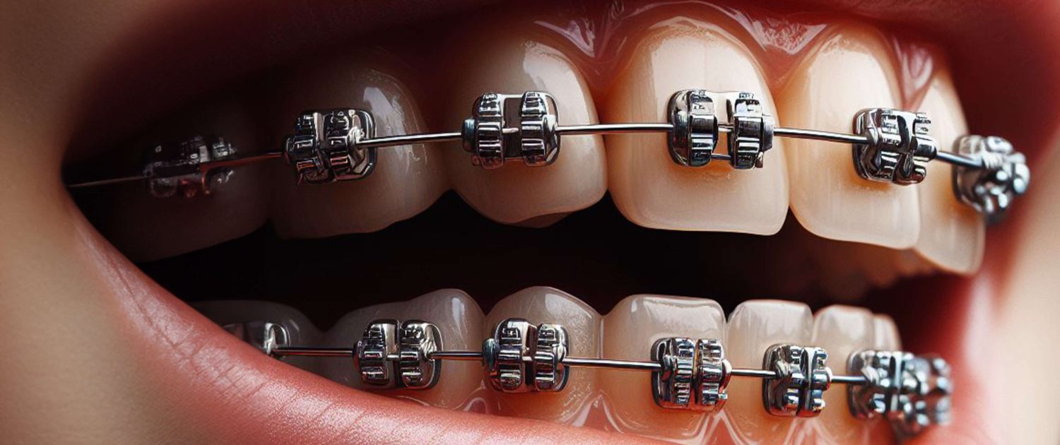 Une vue rapprochée des appareils orthodontiques métalliques traditionnels apposés sur les dents, mettant en évidence la complexité des supports et des fils. L’image montre la précision et l’efficacité des appareils orthodontiques pour aligner les dents.
