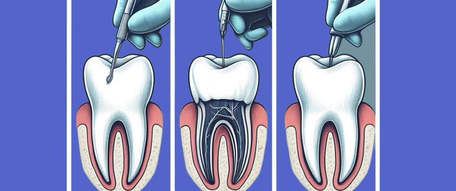 Trois procédures dentaires courantes en Dentisterie Générale : obturation, traitement de canal radiculaire et extraction.