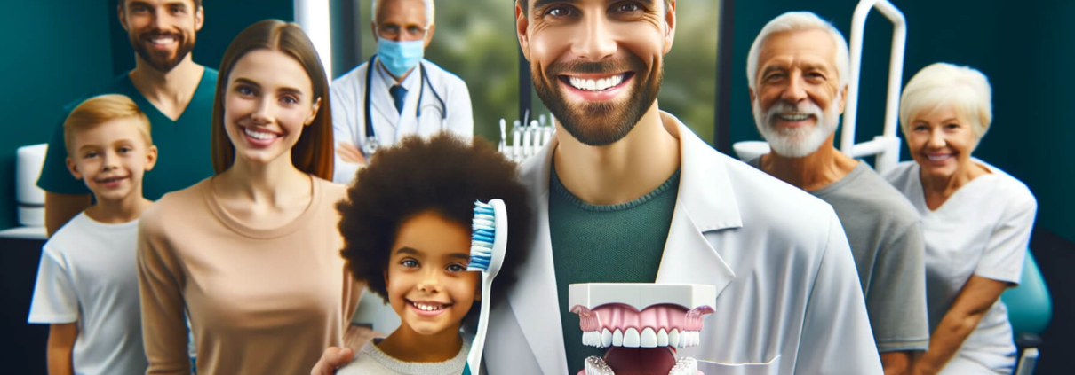 Cette image éducative illustre la prévention de la gingivite et des maladies parodontales. Elle montre un dentiste amical en blouse blanche, entouré d'un groupe diversifié de patients (un homme caucasien, une femme hispanique et un enfant noir), tous affichant des dents saines et un sourire radieux. Le dentiste tient une grande brosse à dents et un modèle de dents saines, démontrant les techniques de brossage appropriées. L'arrière-plan est une clinique dentaire moderne avec des équipements de pointe et des affiches sur l'hygiène dentaire et l'importance des contrôles dentaires réguliers. L'atmosphère est positive et rassurante, soulignant l'importance de la prévention.