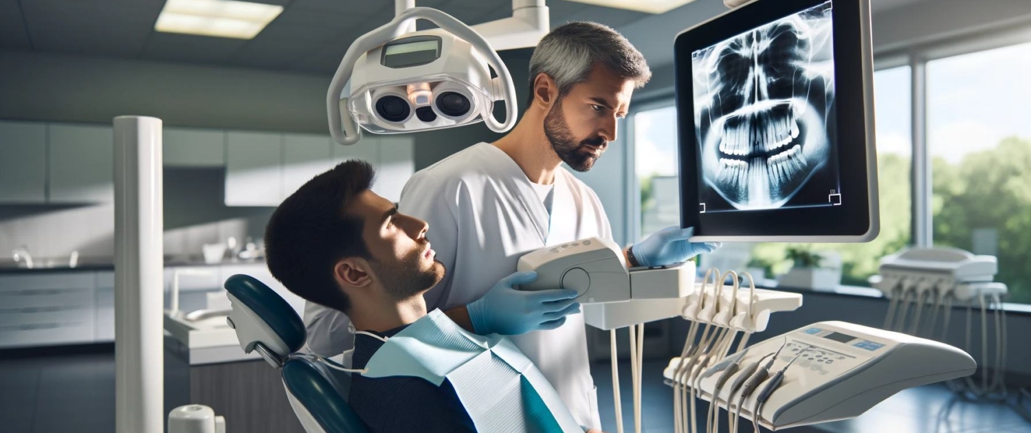 Cette image illustre un dentiste effectuant une radiographie dentaire sur un patient. Le patient est assis dans un fauteuil dentaire, portant un tablier de protection, tandis que le dentiste utilise un équipement de radiographie numérique avancé dans un cabinet dentaire moderne.