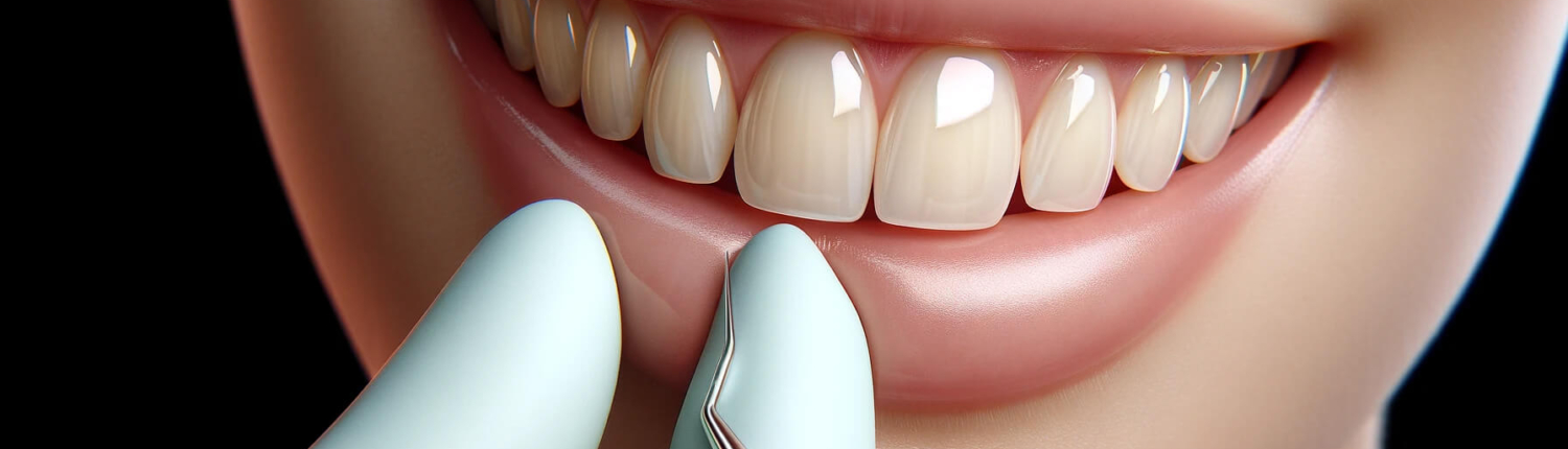 Facettes dentaires (Facettes Dentaires). Il présente un gros plan des facettes dentaires en cours d'application, soulignant la précision et l'amélioration esthétique.