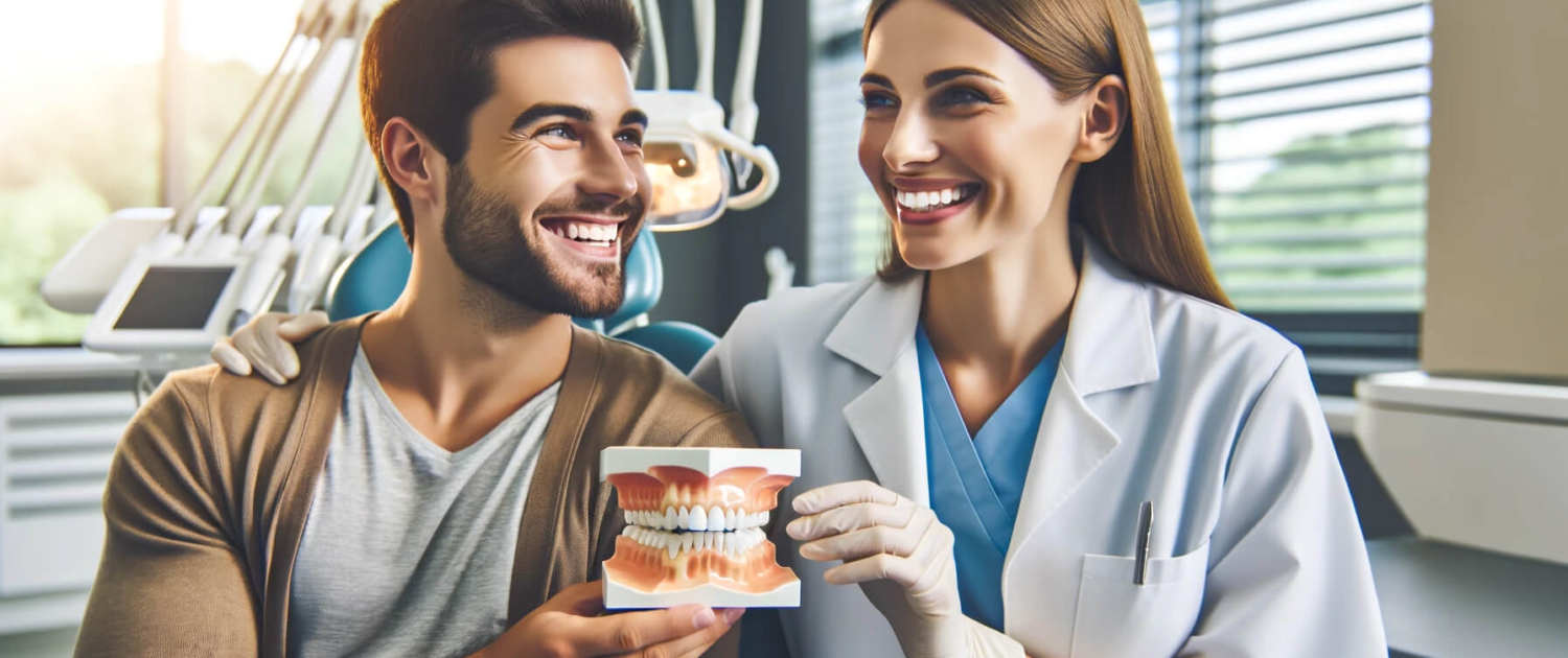 Image chaleureuse d'un dentiste et d'un patient souriants, discutant de santé dentaire dans une clinique dentaire moderne.