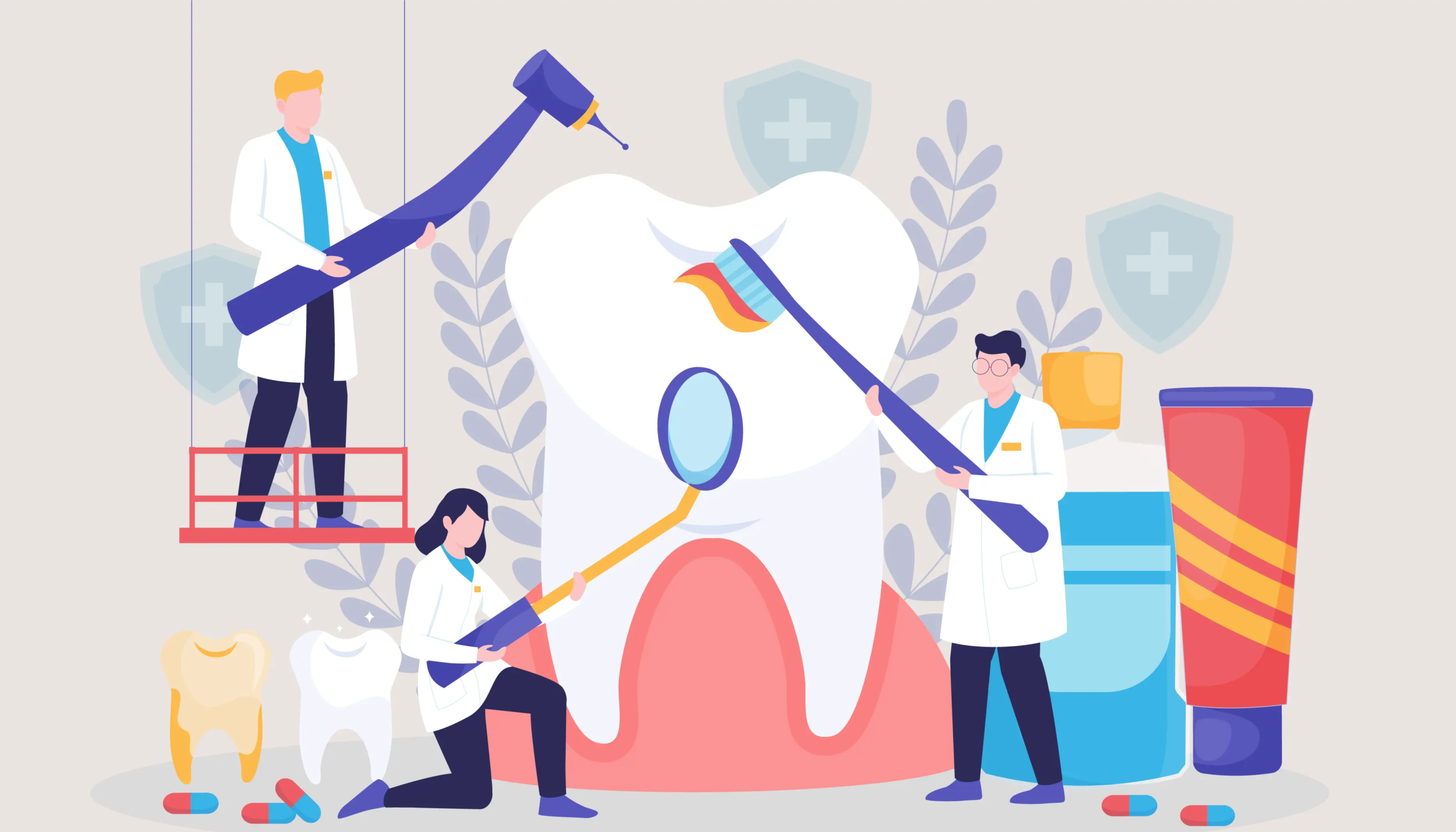 Illustration de 3 dentistes qui réalisent un détartrage dentaire