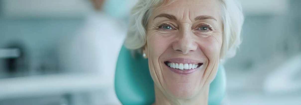 Portrait d'une femme âgée souriante dans le cabinet du Dr Parisescu, assise sur une chaise et se renseignant sur la prévention et le traitement des caries chez les personnes âgées : un défi majeur de santé publique.