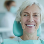 Portrait d'une femme âgée souriante dans le cabinet du Dr Parisescu, assise sur une chaise et se renseignant sur la prévention et le traitement des caries chez les personnes âgées : un défi majeur de santé publique.