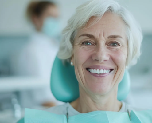 Portrait d'une femme âgée souriante dans le cabinet du Dr Parisescu, assise sur une chaise et se renseignant sur la prévention et le traitement des caries chez les personnes âgées : un défi majeur de santé publique.