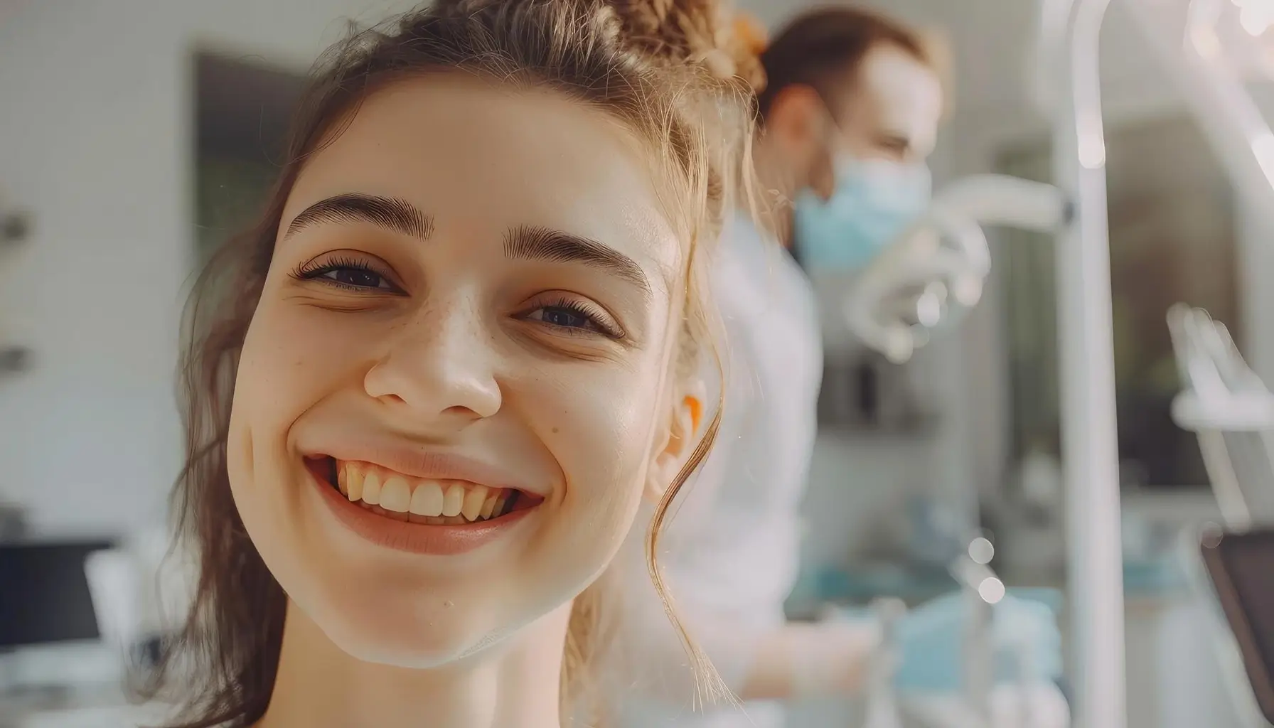 Gros plan sur le sourire parfait d'une patiente satisfaite dans une clinique dentaire après un traitement de dentisterie cosmétique réussi