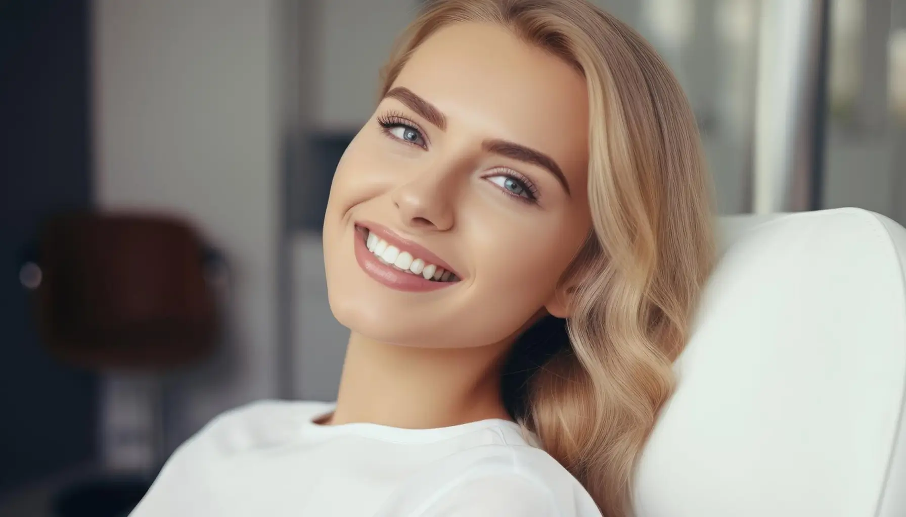 Femme souriante avec des dents blanches grâce au blanchiment dentaire professionnel lors d'un examen en clinique