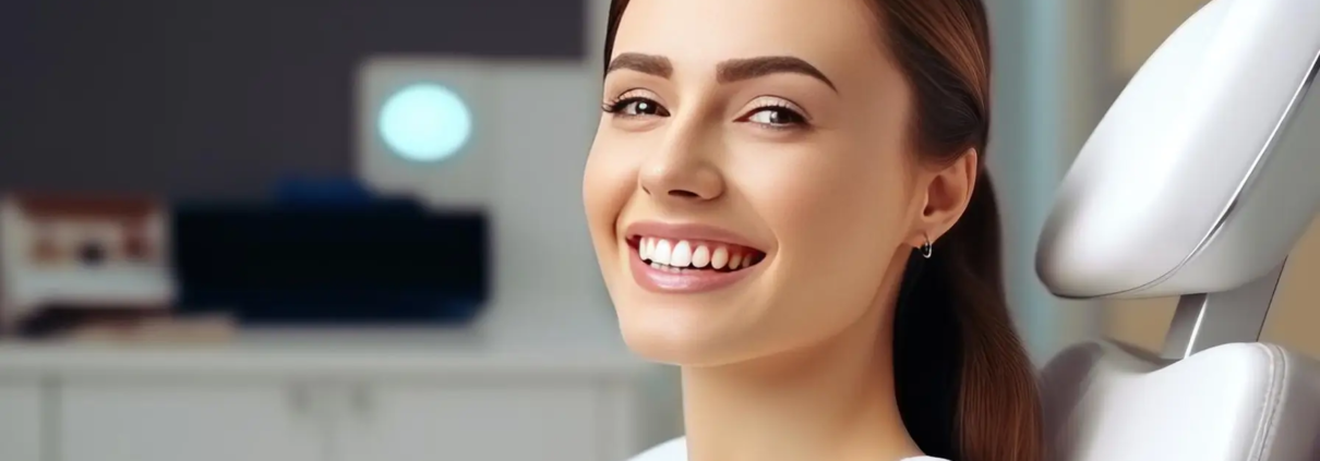 Femme souriante dans une clinique dentaire après un traitement réussi des caries.