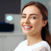 Femme souriante dans une clinique dentaire après un traitement réussi des caries.