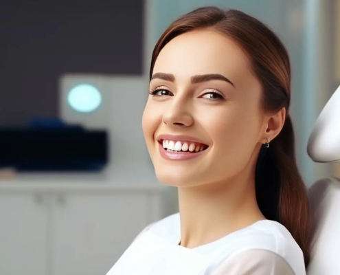 Femme souriante dans une clinique dentaire après un traitement réussi des caries.