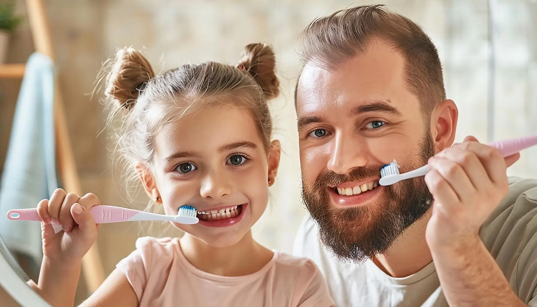 Père et enfant souriants pratiquant ensemble une bonne santé buccale pour prévenir les caries dentaires