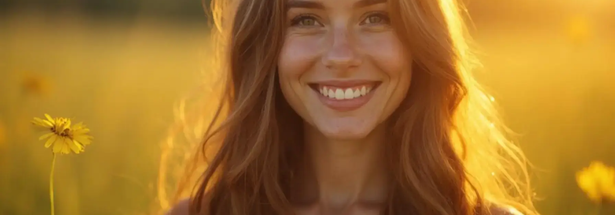 Femme souriante aux cheveux longs bruns dans une prairie ensoleillée, symbolisant les bienfaits de la dentisterie cosmétique, notamment le blanchiment dentaire et les facettes dentaires, pour obtenir un sourire radieux.