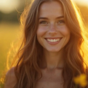 Femme souriante aux cheveux longs bruns dans une prairie ensoleillée, symbolisant les bienfaits de la dentisterie cosmétique, notamment le blanchiment dentaire et les facettes dentaires, pour obtenir un sourire radieux.