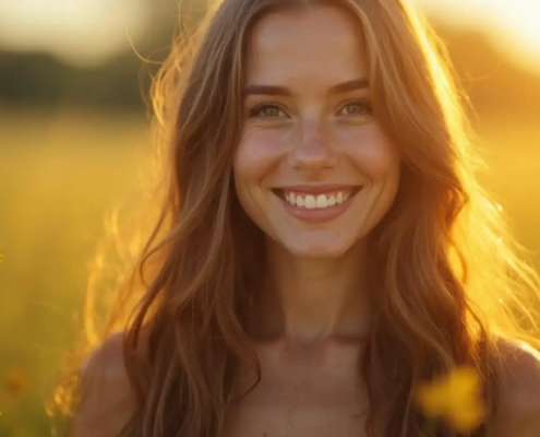 Femme souriante aux cheveux longs bruns dans une prairie ensoleillée, symbolisant les bienfaits de la dentisterie cosmétique, notamment le blanchiment dentaire et les facettes dentaires, pour obtenir un sourire radieux.