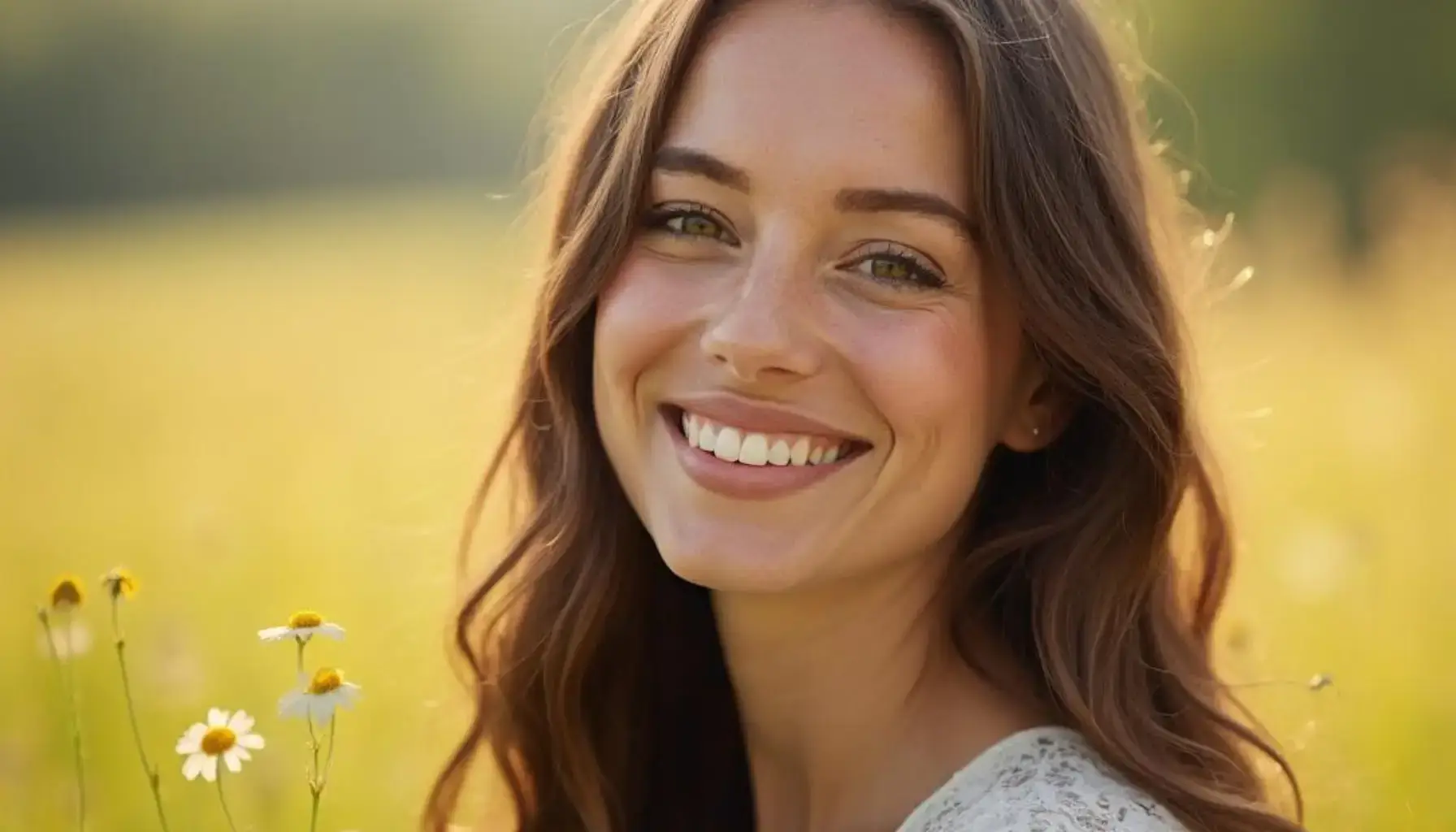 Portrait d'une femme avec de longs cheveux bruns souriant dans une prairie ensoleillée. Cette image illustre l'impact de la dentisterie cosmétique, notamment les techniques de blanchiment dentaire et l'utilisation de facettes dentaires, pour créer un sourire radieux et attrayant.