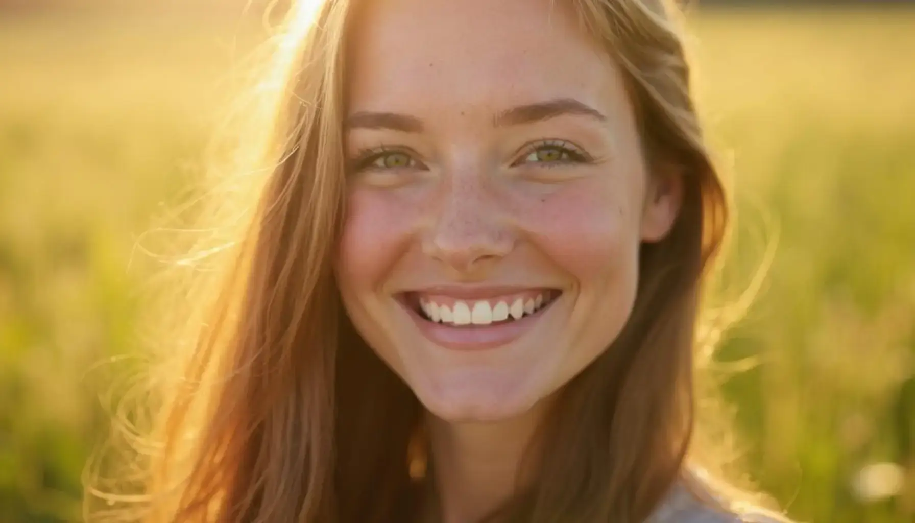 Portrait d'une femme avec de longs cheveux bruns, souriant dans une prairie ensoleillée. Son sourire brillant est le résultat de traitements de dentisterie cosmétique, notamment le blanchiment dentaire pour des dents plus blanches et éclatantes.