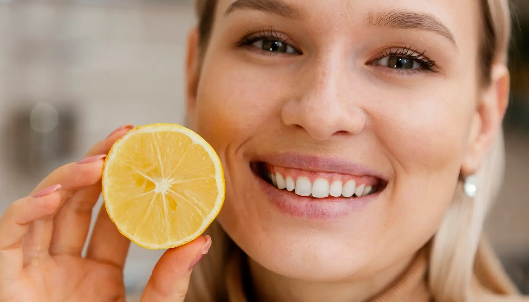 Femme avec tranche de citron, sensibilisation à l'hygiène bucco-dentaire et aux effets des aliments acides sur les caries dentaires.