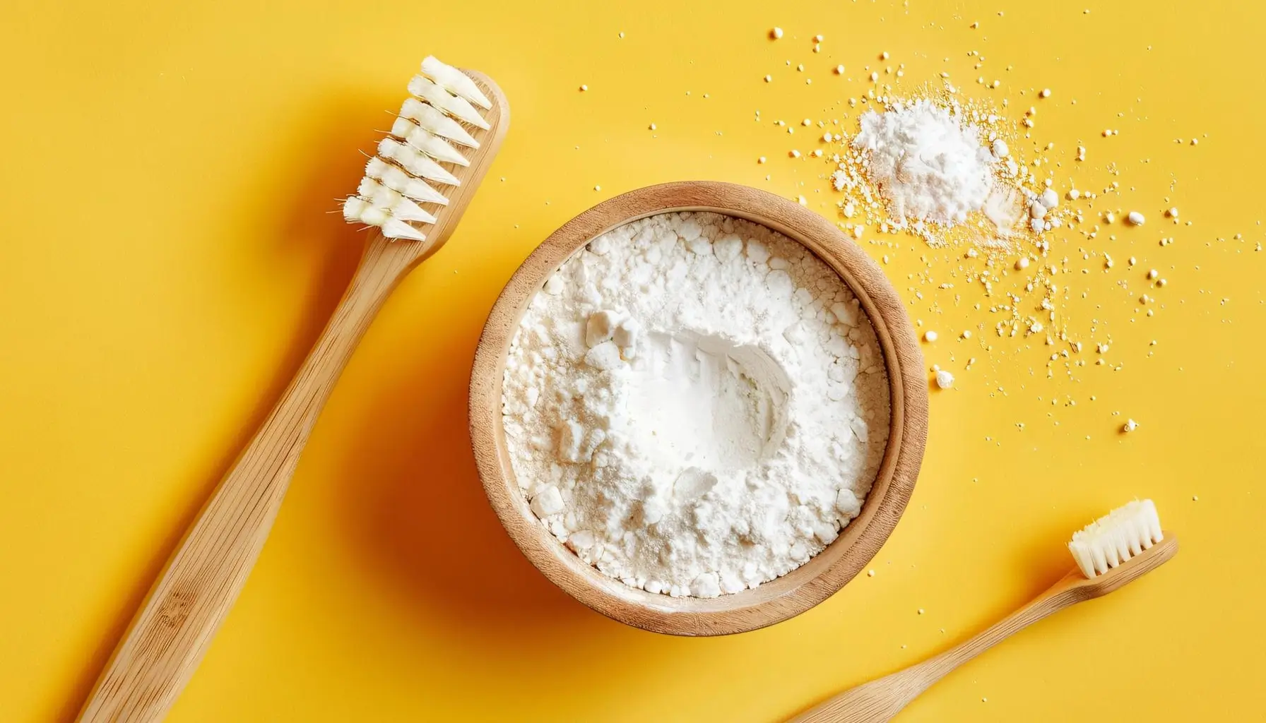 Santé dentaire naturelle : bicarbonate de soude dans un bol en bois, composant essentiel des dentifrices bio et alternatives saines.