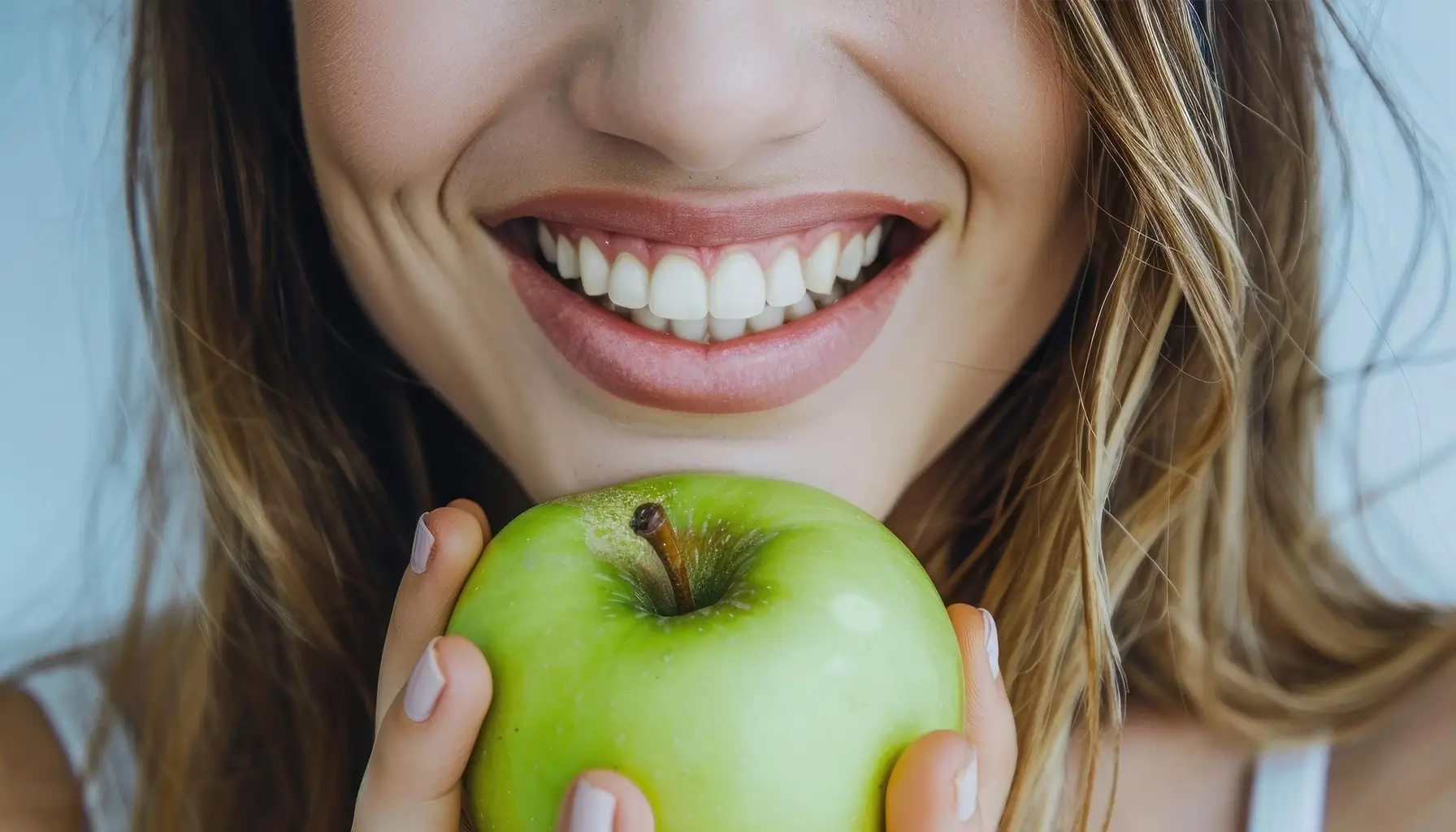 Gros plan d'une femme souriante avec des dents blanches et saines, tenant une pomme verte, illustrant l'importance des visites régulières chez le dentiste et les techniques de prévention pour maintenir une bonne santé dentaire.