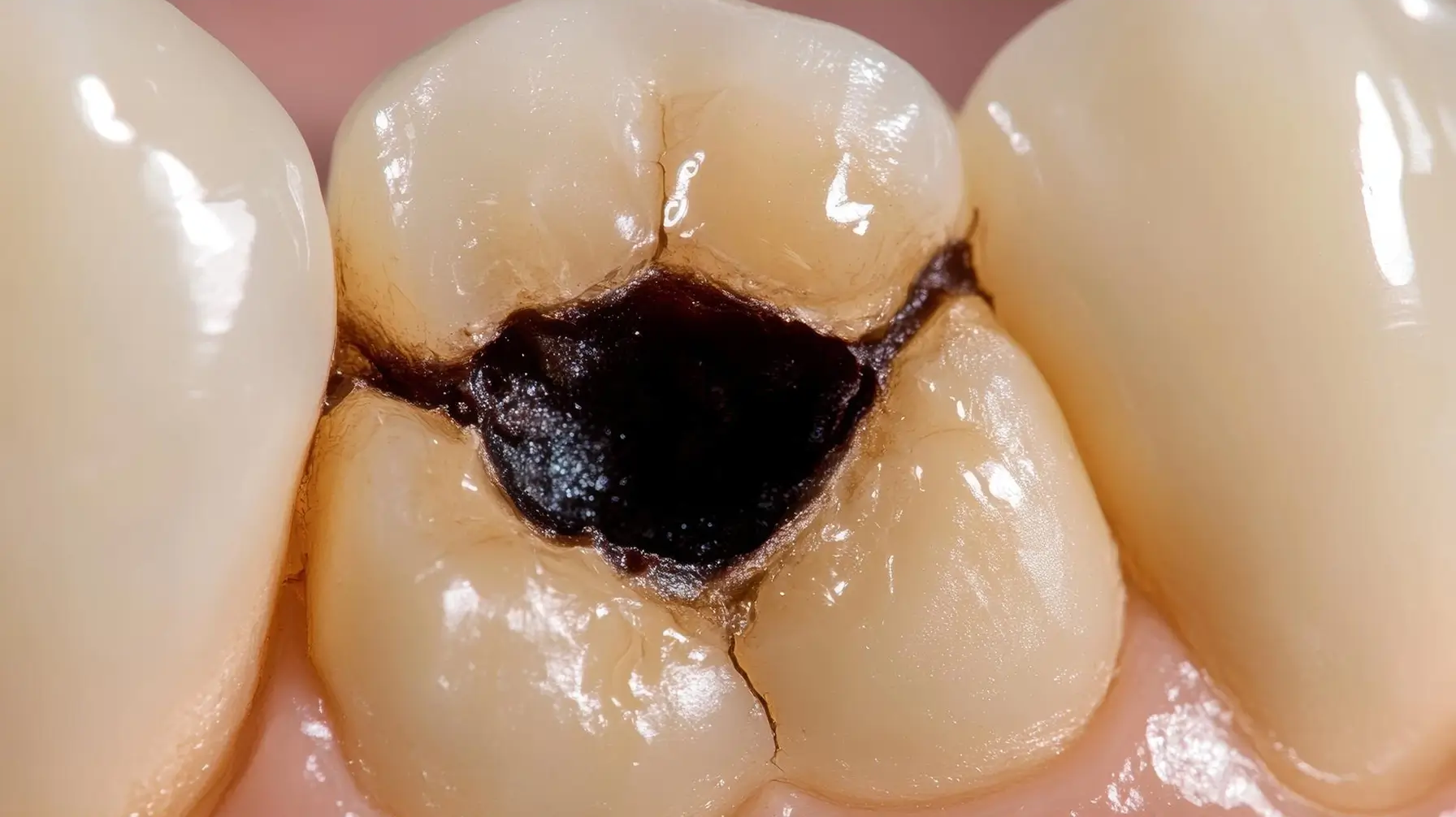 Image détaillée d'une cavité dentaire résultant de l'érosion et de la carie, soulignant l'importance de la prévention en matière de santé bucco-dentaire. Des traitements dentaires, une bonne hygiène et une alimentation favorable à la santé des dents peuvent aider à prévenir l'érosion dentaire.