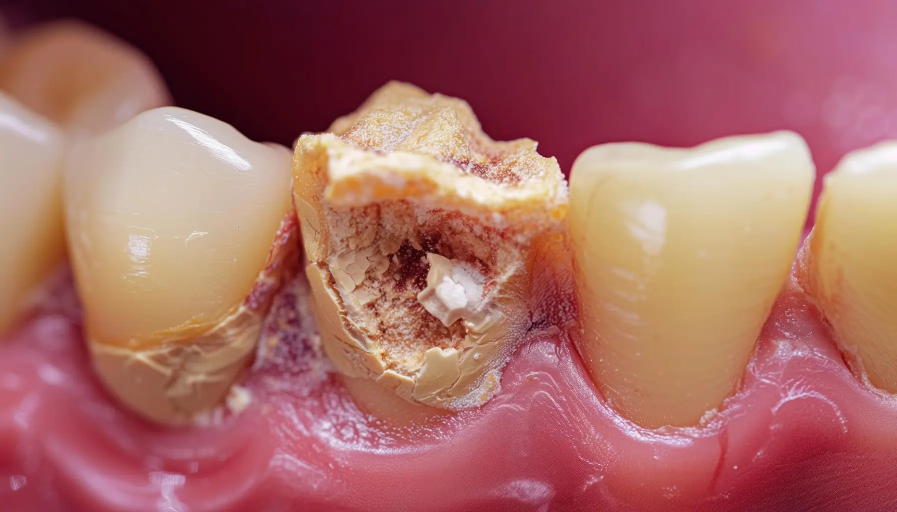 Dent érodée en bouche, résultat d'une mauvaise santé bucco-dentaire. La prévention de l'érosion passe par des traitements dentaires, des remèdes naturels et une alimentation adaptée pour renforcer l'émail et préserver les dents.