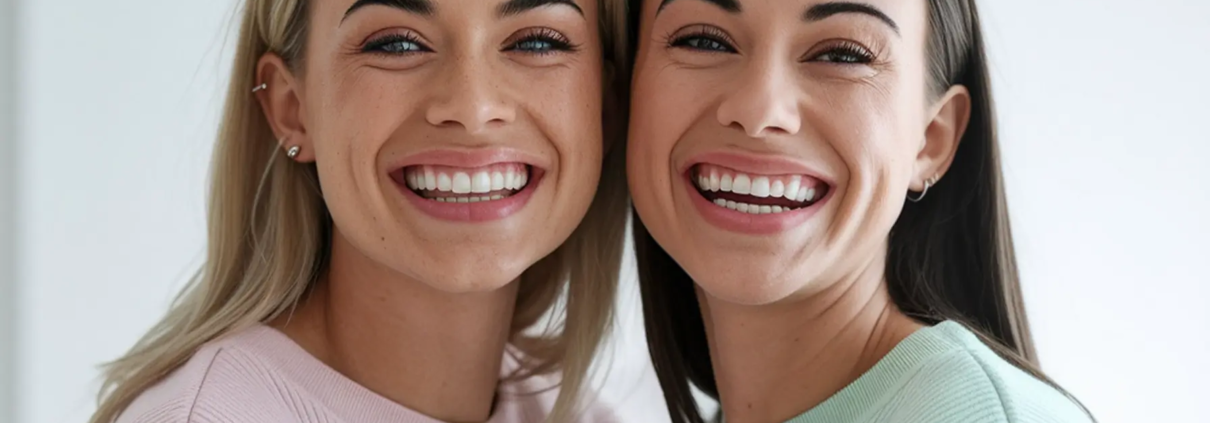 Deux femmes souriant naturellement tout en engageant une conversation amicale sur la Restauration dentaire esthétique.