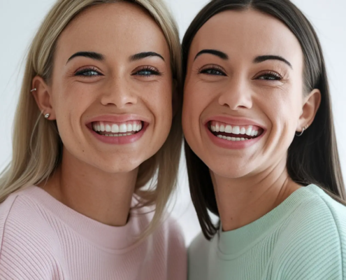 Deux femmes souriant naturellement tout en engageant une conversation amicale sur la Restauration dentaire esthétique.